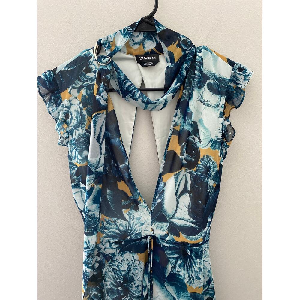 Bebe Floral Open-Back High-Low Midi Dress Blue Multi Women's Size XXS - Picture 3 of 5